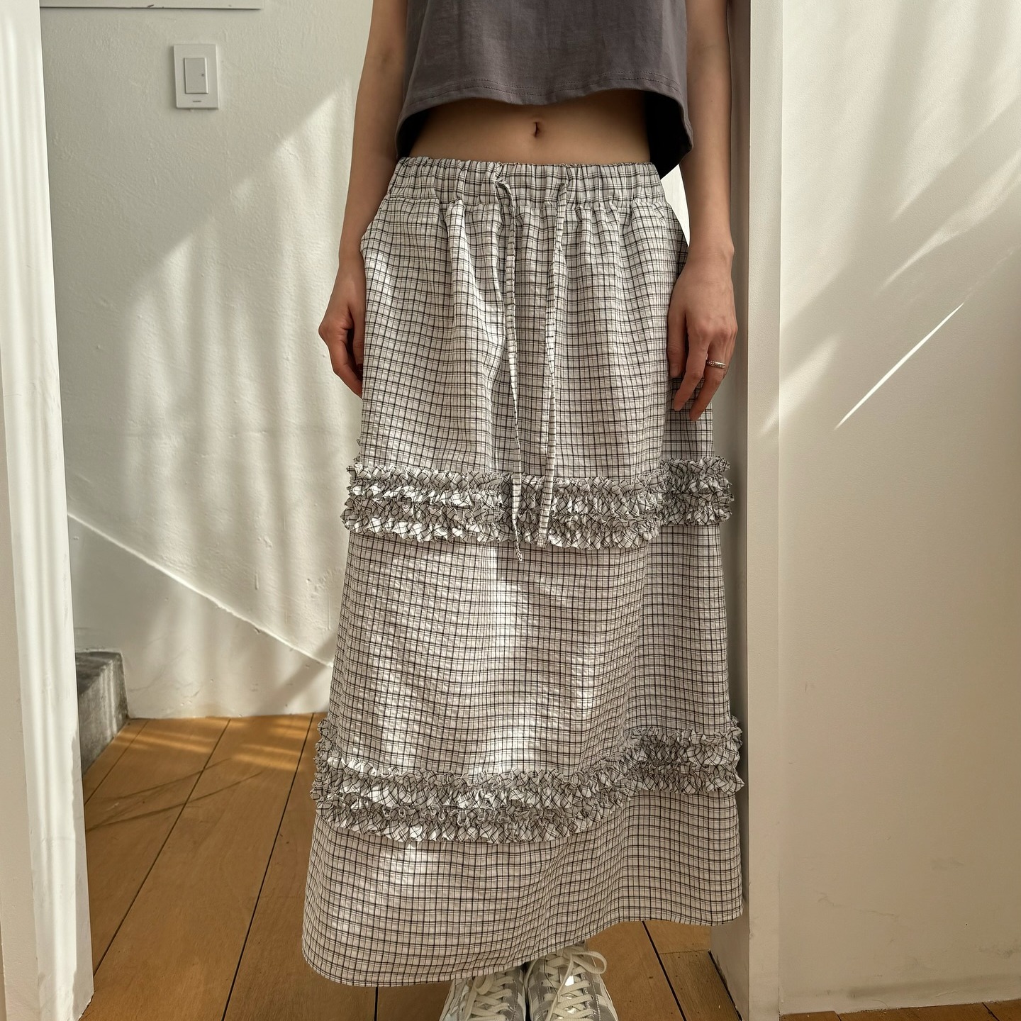 2色入韩国ins法式自然褶皱泡泡棉小格子多层花边半身裙松紧腰