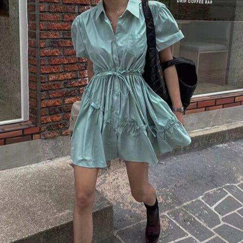已出货尺码更新chic夏季褶皱翻领短袖连衣裙女系带气质荷叶边裙