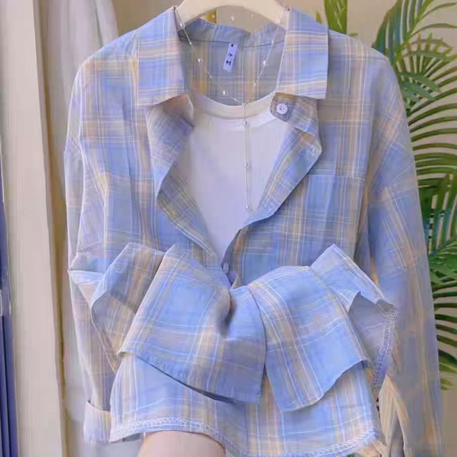 2025年新款夏季薄款防晒衣女宽松格子衬衫外套设计感小众长袖上衣