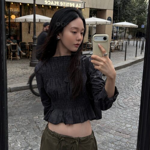 有货韩国ins秋气质荷叶边打揽设计感显瘦短款长袖衬衣女格子衬衫