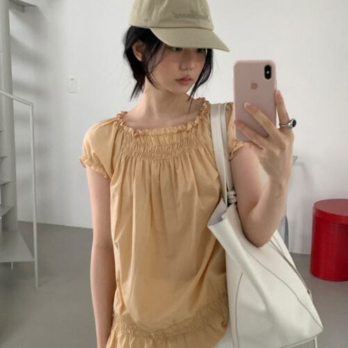 已出货 韩国东大门软妹风夏季黄油色泡泡袖甜美温柔褶皱短袖衬衫