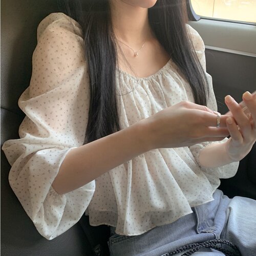 有货 韩国ins法式气质方领纯欲碎花收腰泡泡袖雪纺衬衫小个子上衣