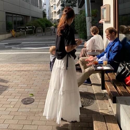有货 韩国东大门复古气质高腰拼接蕾丝边蛋糕长裙休闲百搭半身裙