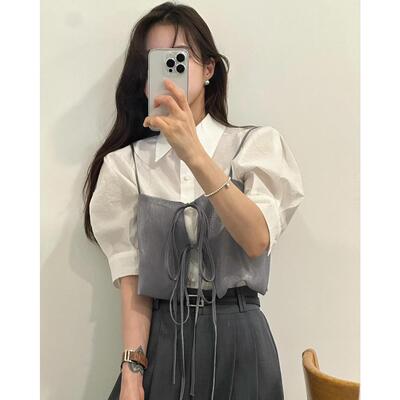 韩国ins夏日法式小众设计感蝴蝶结系带叠穿短款吊带背心女外穿潮