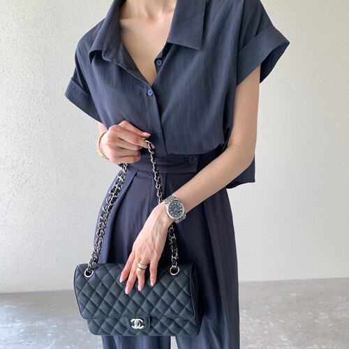 有货 韩国东大门 翻领短袖宽松衬衫+松紧高腰直筒裤长裤时尚套装