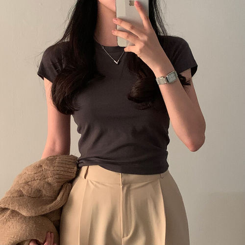 已出货尺码更新chic简约圆领基础款短袖T恤女舒适百搭显瘦上衣