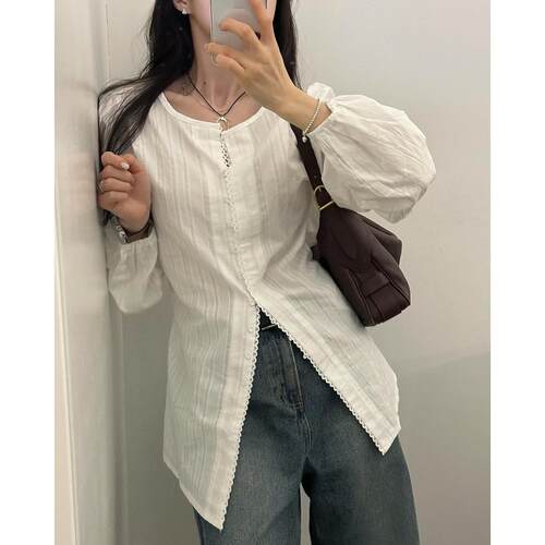 有货 韩国chic 秋日 单排扣花边拼接衬衫 坑条提花 长袖衬衣女