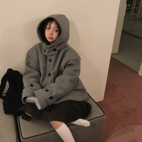 有货 韩国chic复古气质休闲冬日连帽保暖大口袋短款大衣毛呢外套
