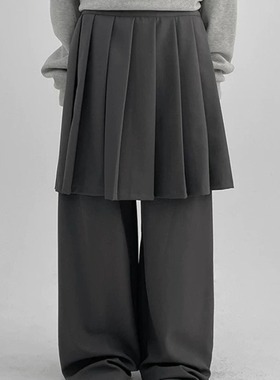 2色入新款秋冬 韩国设计复古压折百褶裙假两件长裤宽松日系裤子