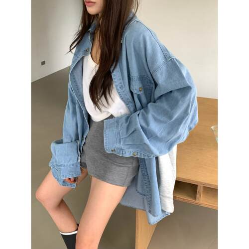 有货韩系宽松拼接牛仔衬衫女叠穿时髦长袖衬衣外套上衣