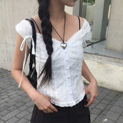 有货 韩国ins夏日 V领 系带荷叶边单排扣 棉提花 短袖衬衫 有内衬