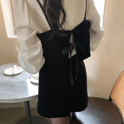 有货 韩国ins早秋设计感丝绒蝴蝶结吊带背心+A字半身裙套装女