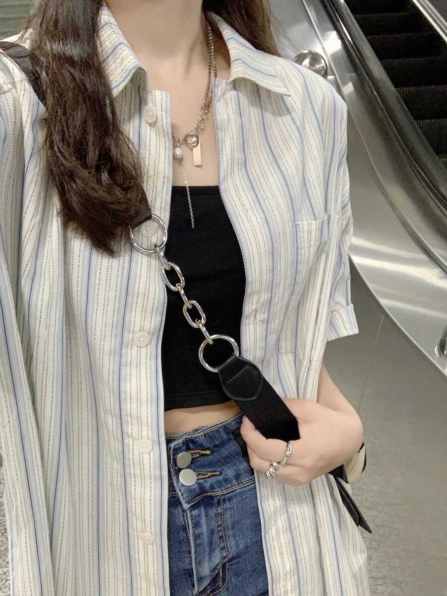 条纹短袖衬衫夏季款港味chic开衫外搭复古Polo领上衣