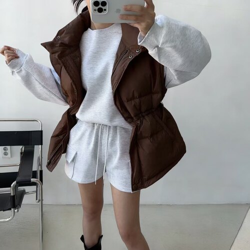 已出  韩系 百搭秋冬理论单排扣系带收腰加厚棉衣马甲外套 女