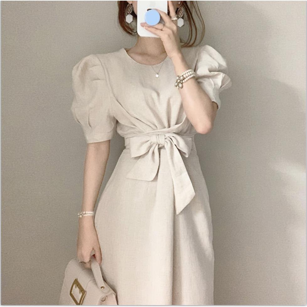 ins博主推荐 韩国时尚复古气质棉麻绑带泡泡袖中长款显瘦连衣裙