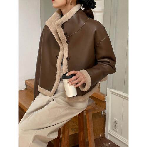 已出货 两面穿一体外套女加绒加厚宽松设计机车服皮夹克