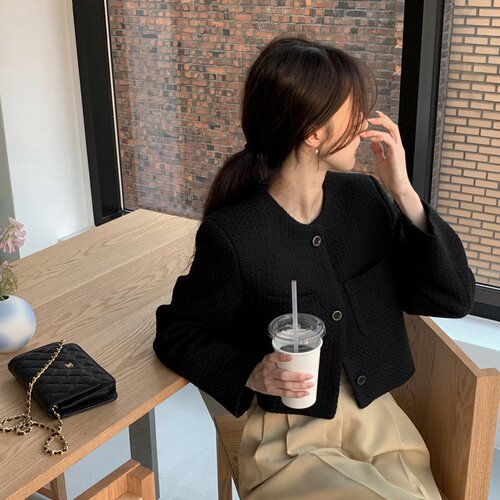 有货 韩国chic复古气质别致三粒扣口袋休闲小香风粗花呢短外套女