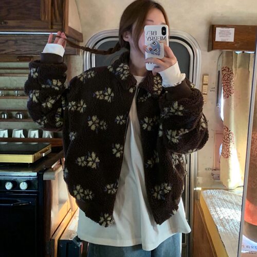 有货 韩国chic 复古减龄花朵提花百搭长袖羊羔绒棉服保暖外套