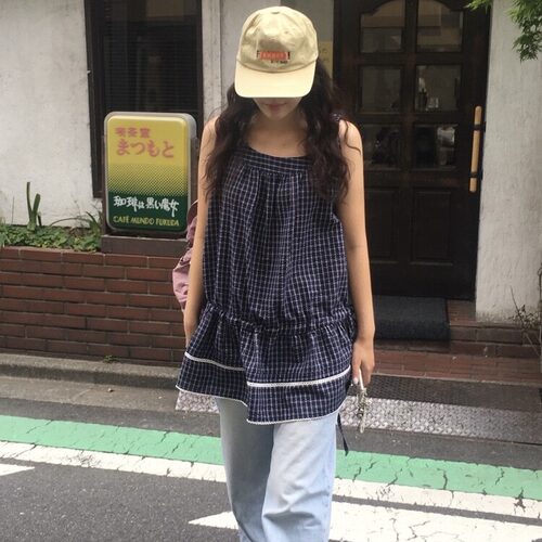 已出货尺码更新韩国chic夏季新款韩系甜美格子无袖背心抽绳连衣裙
