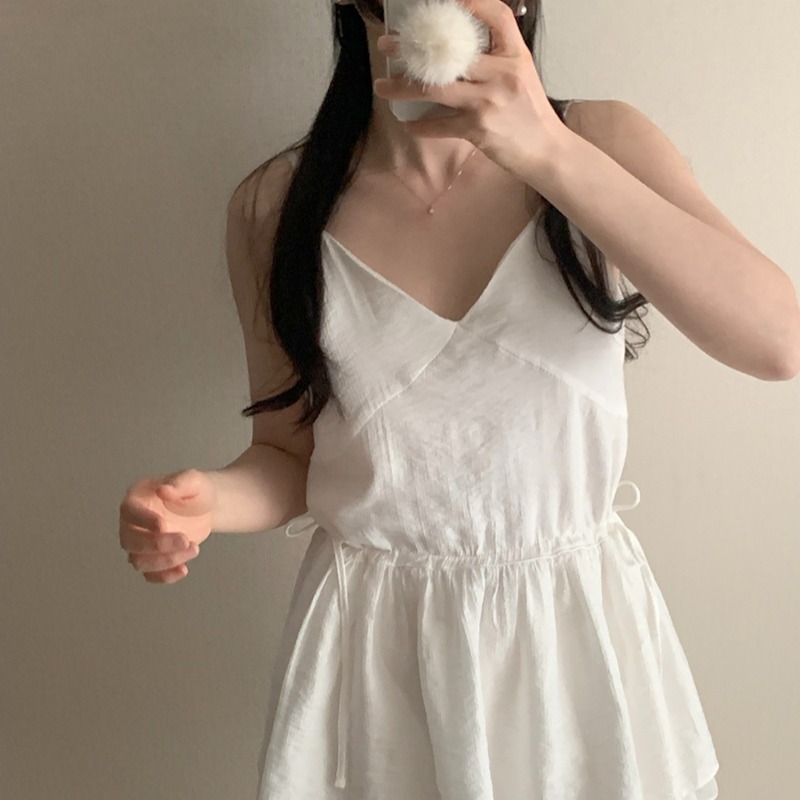 韩国chic 早春 双层 抽绳 收腰 吊带 连衣裙