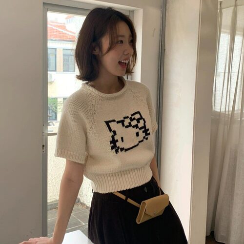 有货秋韩系卷边圆领卡通KT猫提花短袖针织短袖上衣