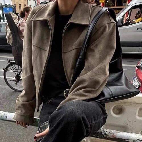 有货 韩国chic 秋日 麂皮绒 长袖 双头拉链 机车外套女 短外套