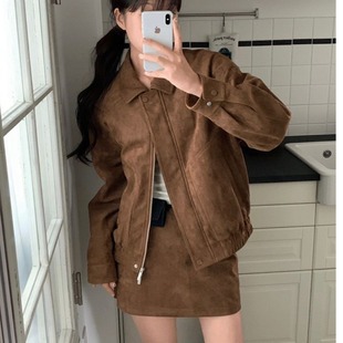 套装 A字半身裙时尚 外套 韩国chic秋日美拉德麂皮绒夹克长袖
