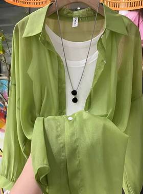 灰色冰丝防晒衬衫女夏季薄款开衫设计感小众垂感罩衫衬衣外套上衣