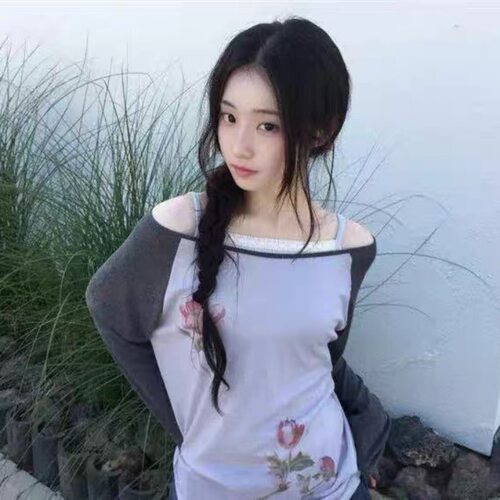 有货尺寸已跟新 韩国秋款 大圆领露肩 印花长袖拼色插肩袖T恤