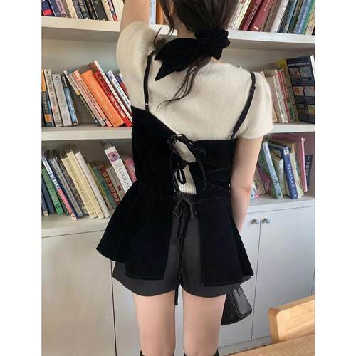 已出货  韩国ins  后绑带黑色天鹅绒迷你短裙连衣裙