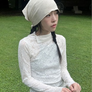 内搭T恤 长袖 早春新款 超美立花朵蕾丝柔软贝壳扣翻领小高领打底衫