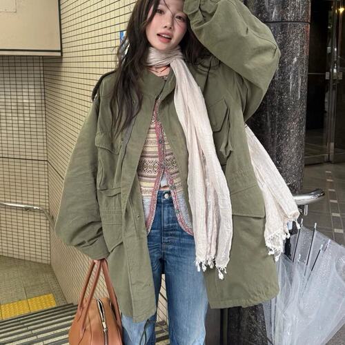 有货早秋新款 复古宽松休闲立领中长款工装风衣夹克外套女