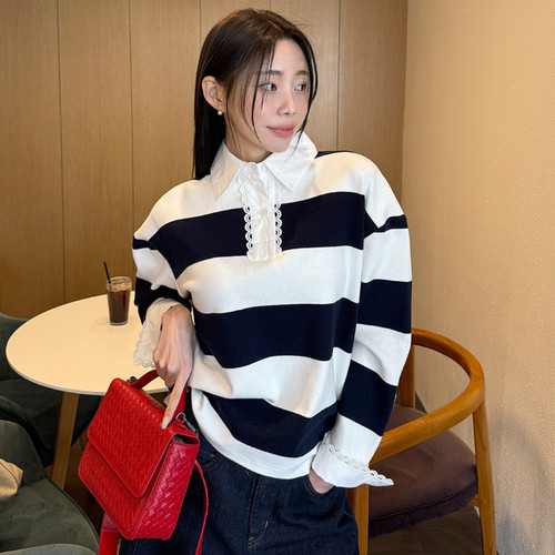 有货 甜美半开襟花边衬衣领拼接宽条纹休闲长袖中长款女T恤