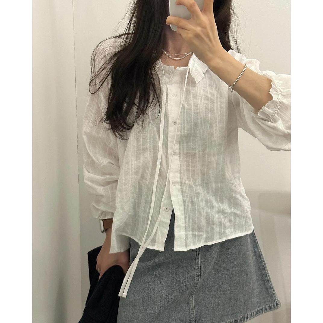 韩国chic秋冬新款单排扣棉提花衬衣女飘带长袖衬衫+麻花毛衣背心