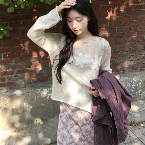 已出   韩系 温柔风立体花朵针织衫慵懒风独特巨好看长袖常用 女