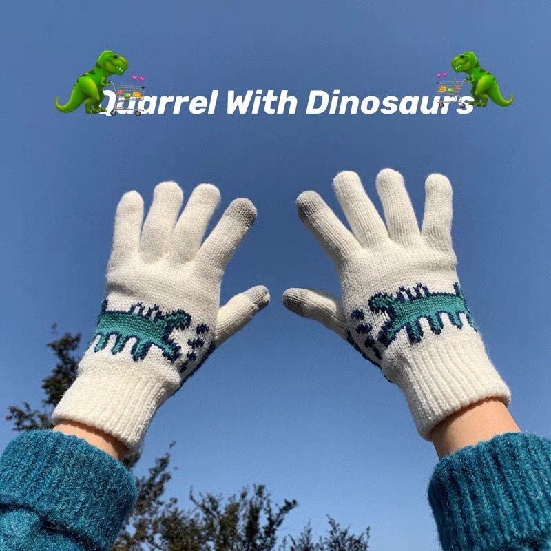韩国ins复古冬季毛线针织手套女加绒加厚触屏手套女可爱恐龙手套