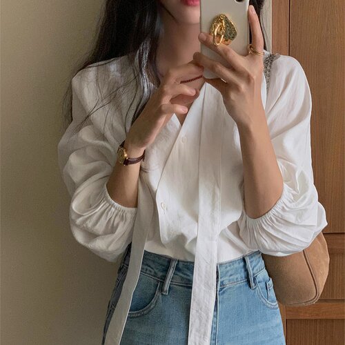 有货 韩国chic气质不规则设计感挂脖飘带V领宽松休闲泡泡袖衬衫女
