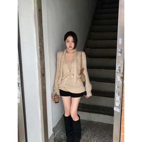 已出货 韩国ins 针织开衫+吊带裙温柔松弛感两件套套装配飘带