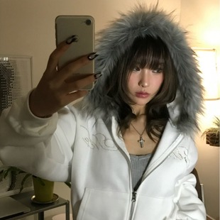 刺绣字母毛领连帽卫衣外套加绒加厚款 韩国街头个性 秋冬新款 3色