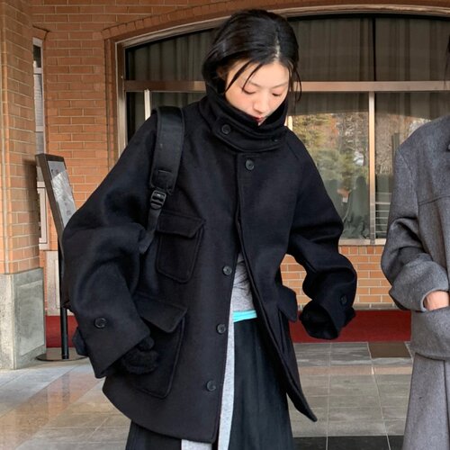 已出货 韩国复古气质立领保暖单排扣口袋小个子日系毛呢大衣外套
