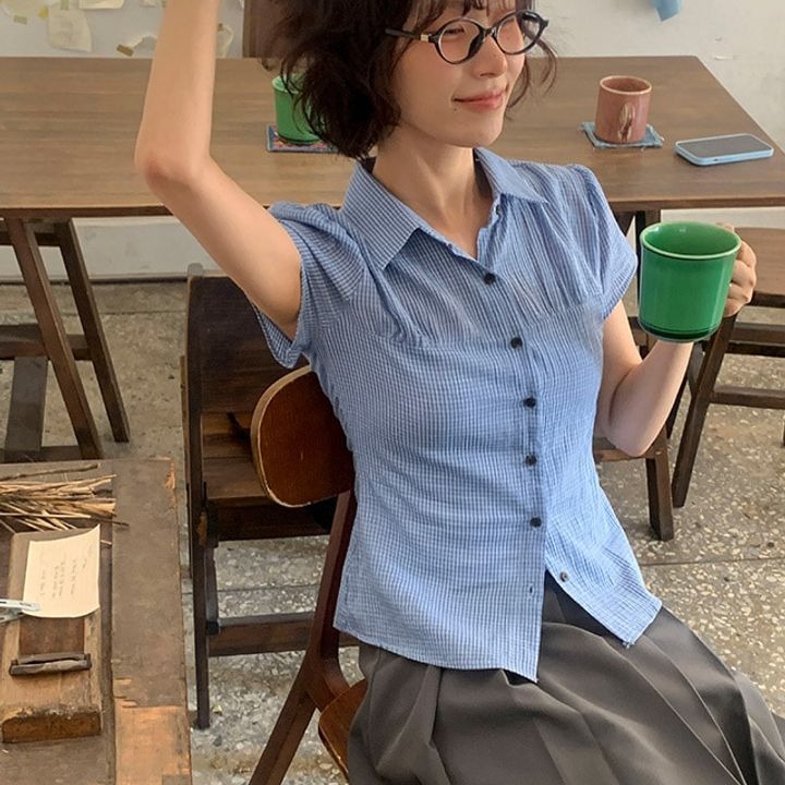 韩国chic 夏日 单排扣 短袖 格子衬衫