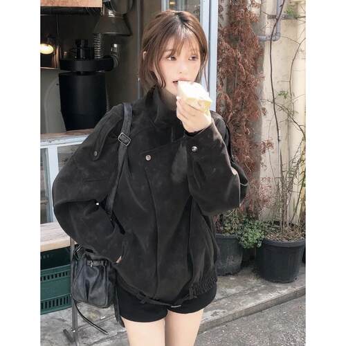 有货 麂皮绒解构立领工装外套女秋冬美拉德老钱拉链夹克潮