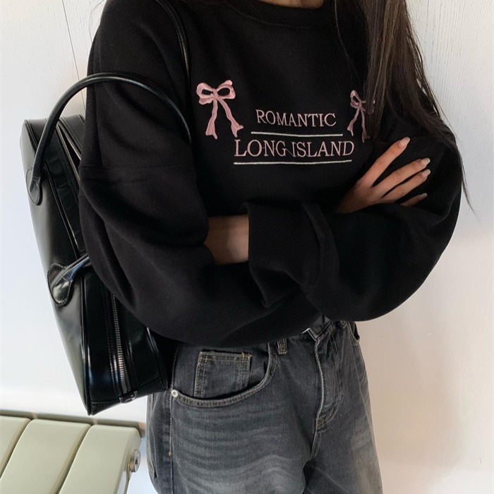 秋季韩国少女小清新可爱刺绣蝴蝶结字母短款套头毛圈卫衣日系