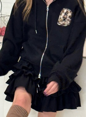 3色冬季加绒加厚 韩国复古豹纹毛绒拼色贴布字母连帽卫衣外套保暖