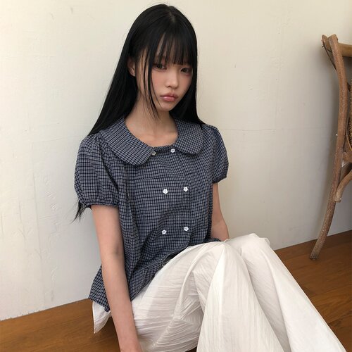已出货 韩国日系格子衬衫女夏季泡泡袖宽松衬衣甜美娃娃领上衣ins