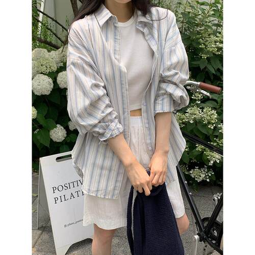 尺码更新 有货 韩国ins早秋夏威夷风宽松条纹防晒衬衣女长袖衬衫