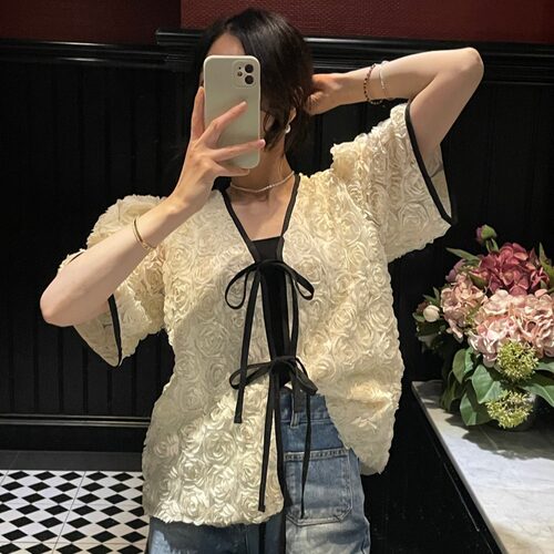 已出货尺码更新chic法式玫瑰花系带泡泡袖外套女宽松气质开衫