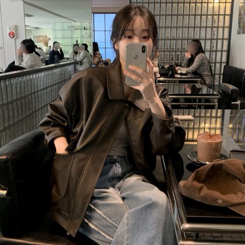 有货韩国chic 高级感美式机车短外套女春季韩系复古PU皮夹克外套