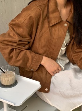 韩国chic秋冬 宽松 麂皮绒 机车上衣 长袖外套