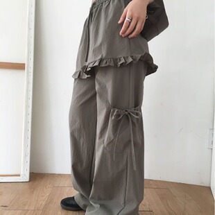 4色早秋韩国少女纯色木耳花边裙摆口袋抽绳假两件休闲长裤 尼龙